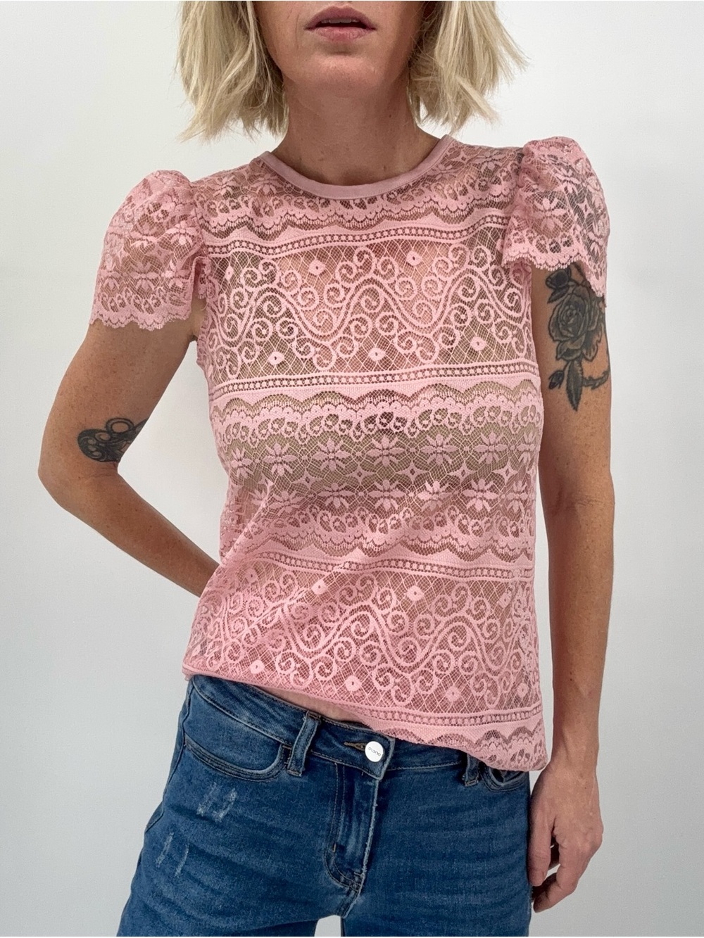 Vintage Pink Lace Top 5/6 Coquette Cottage Romantic Boho Puff Cap Sleeve Scallop